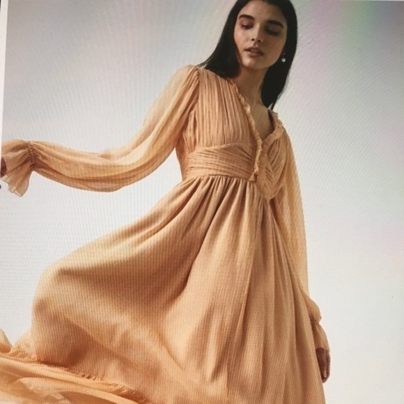 French Connection Dresses & Skirts - French Connection Akita Pleated Ruffled Long Sleeve Puff MIDI Dress Size 6 Pink